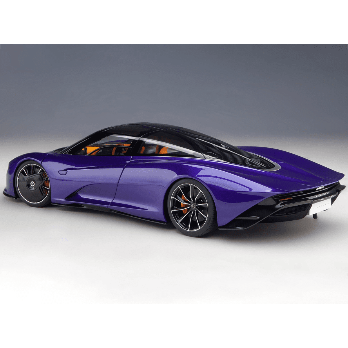 McLaren Speedtail Lantana Purple Metallic with Black Top and Yellow Interior and Suitcase Accessories 1/18 Model Car by Autoart