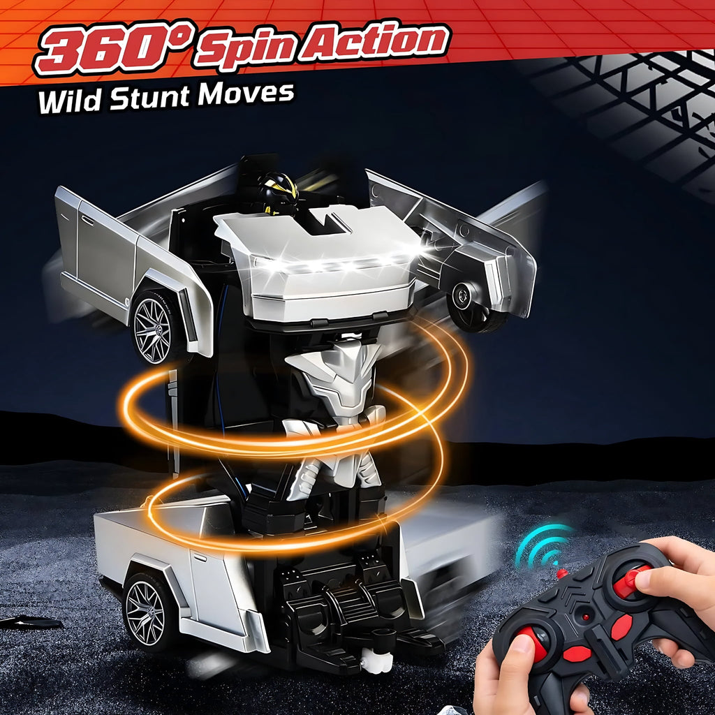 Cyber Truck Pickup Transforming Remote Control Car for Kids, 2.4GHz RC Robot Toy for Boys Age 4-12 with One-Button Deformation and LED Lights
