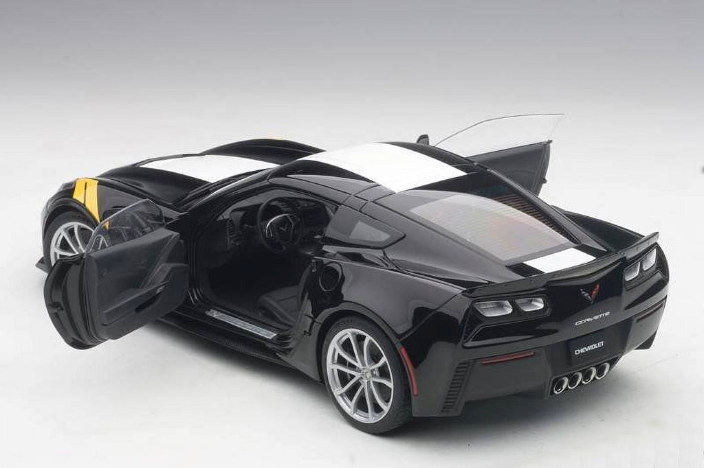 2017 Chevrolet Corvette C7 Grand Sport Black with White Stripe and Yellow Fender Hash Marks 1/18 Model Car by Autoart