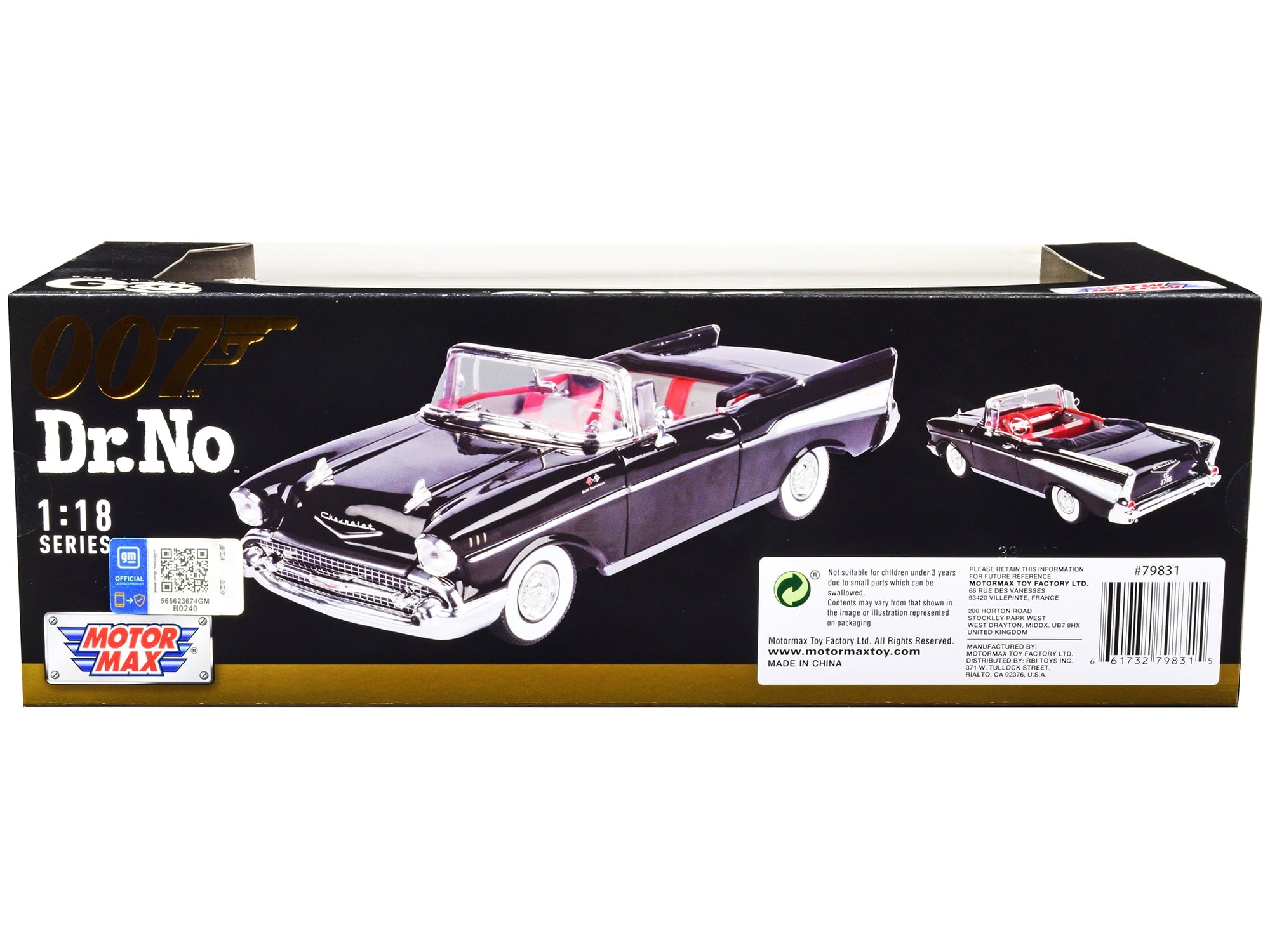 1957 Chevrolet Bel Air Convertible Black James Bond 007 "Dr. No" (1962) Movie 1/18 Diecast Model Car by Motormax