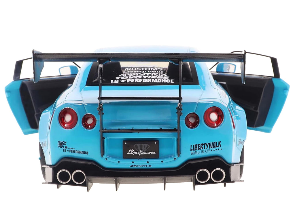 2023 Nissan GT-R (R35) Liberty Walk Body Kit 2.0 RHD Baby Blue with Carbon Hood 1/18 Diecast Model Car by Solido