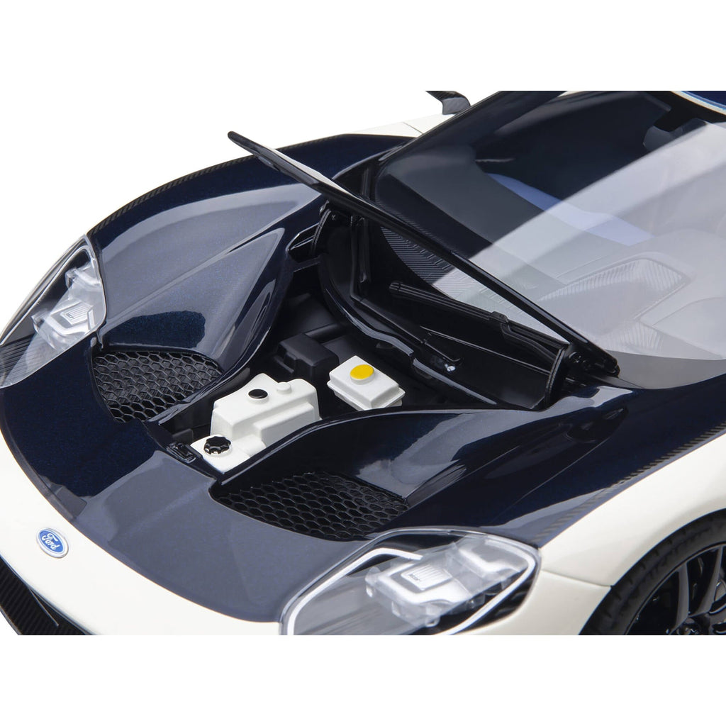 Ford GT Heritage Edition Prototype Wimbledon White with Antimatter Blue Hood and Stripe 1/18 Model Car by Autoart