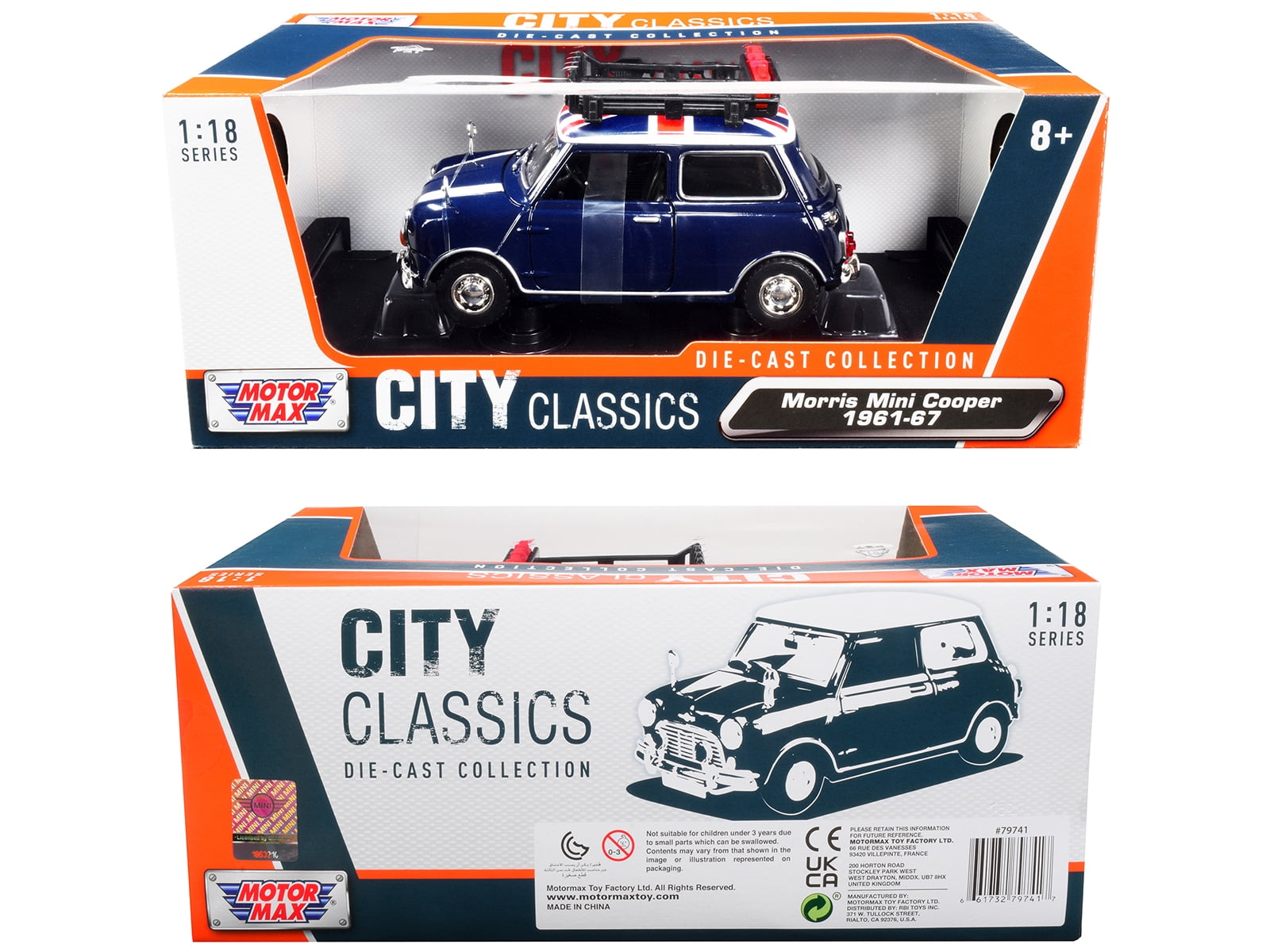 Motormax 1-18 Scale Right Hand Drive 1961-1967 Morris Mini Cooper Classics Diecast Model Car with British Flag on the Top & Roof Rack City, Dark Blue