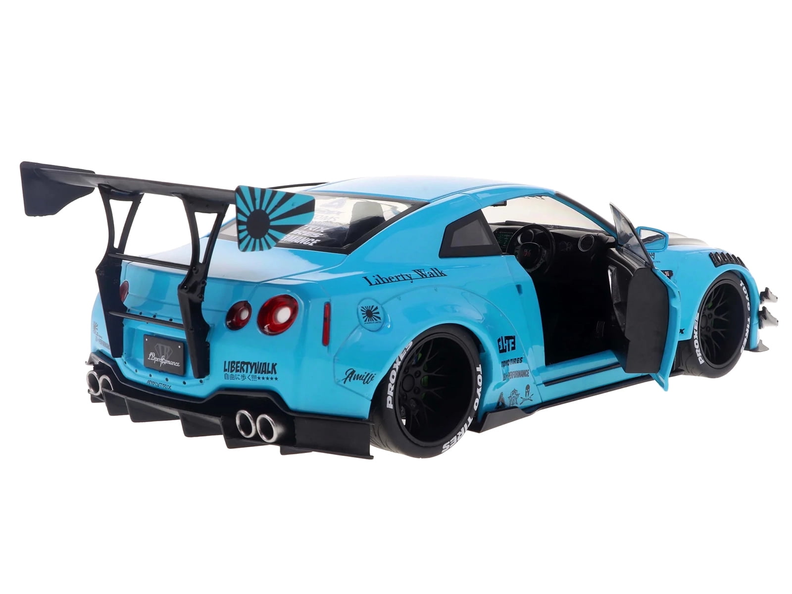 2023 Nissan GT-R (R35) Liberty Walk Body Kit 2.0 RHD Baby Blue with Carbon Hood 1/18 Diecast Model Car by Solido