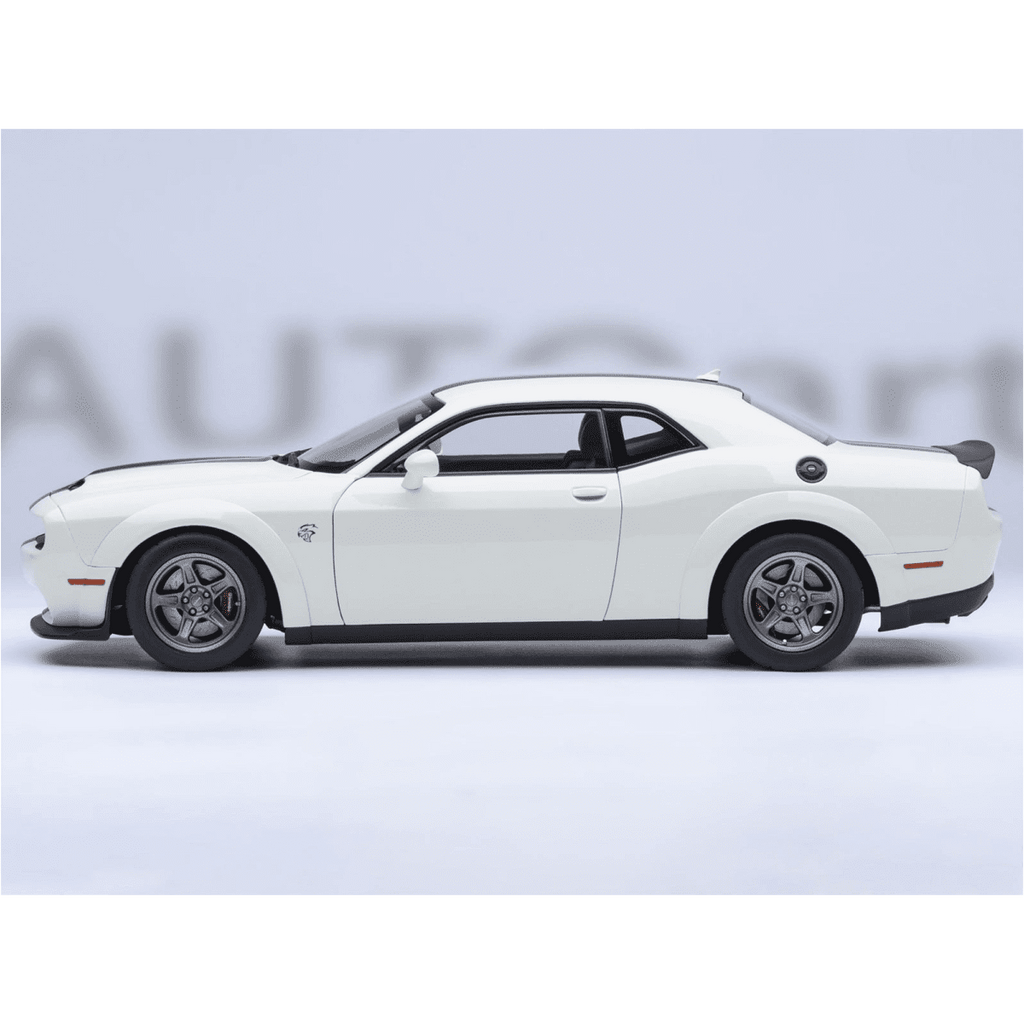 2023 Dodge Challenger SRT Super Stock Knuckle White with Carbon Stripes 1/18 Model Car by Autoart