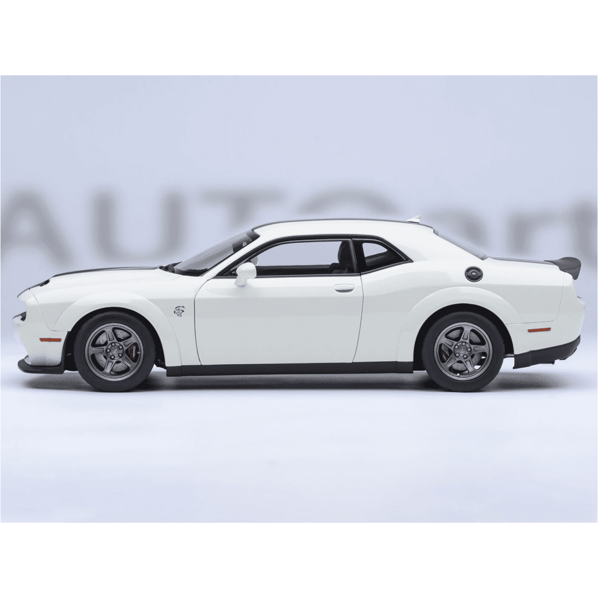 2023 Dodge Challenger SRT Super Stock Knuckle White with Carbon Stripes 1/18 Model Car by Autoart