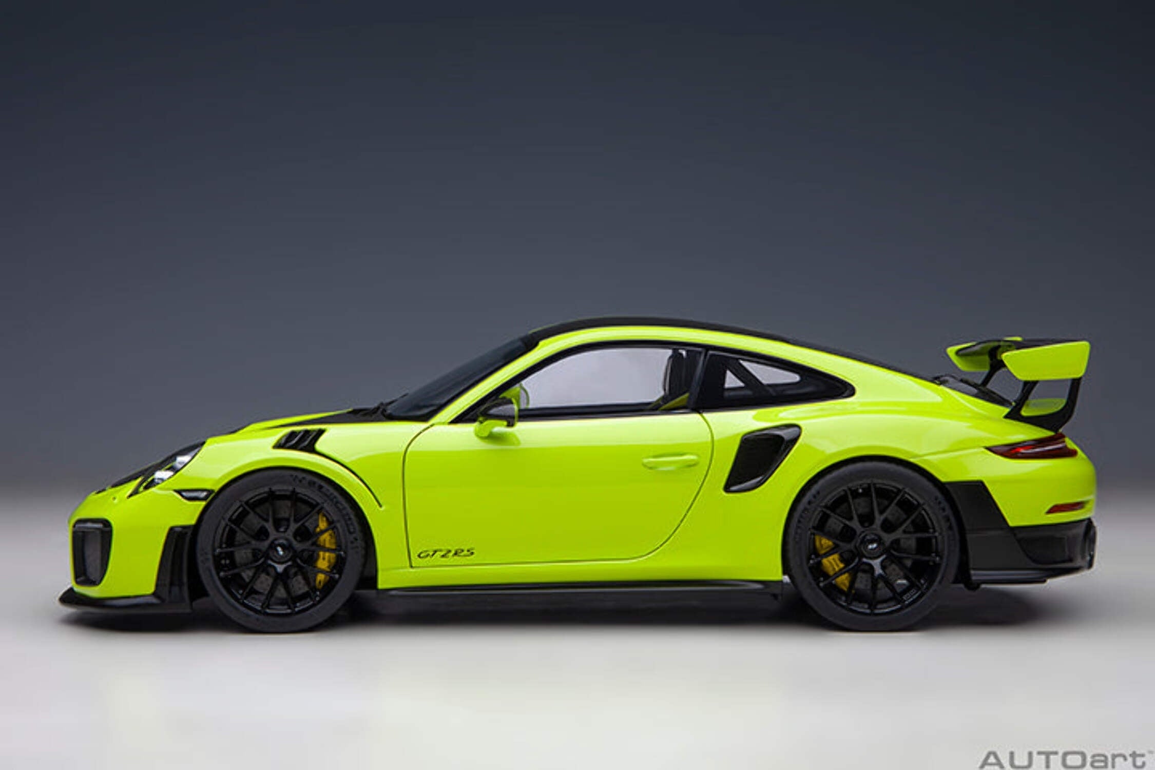 Porsche 911 (991.2) GT2 RS Weissach Package Acid Green with Carbon Stripes 1/18 Model Car by Autoart