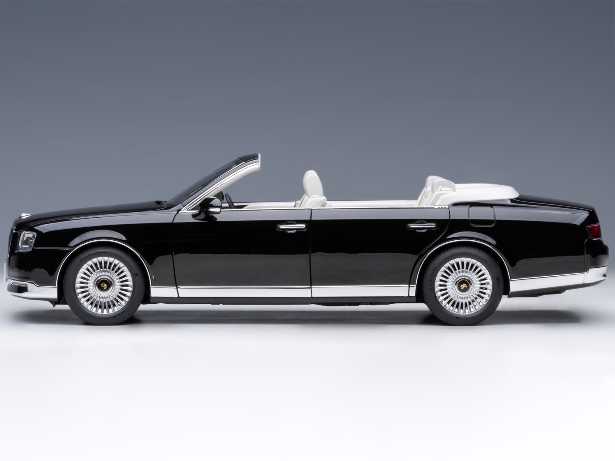 Toyota Century Open Car Convertible RHD (Right Hand Drive) Black with White Interior 1/18 Model Car by Autoart