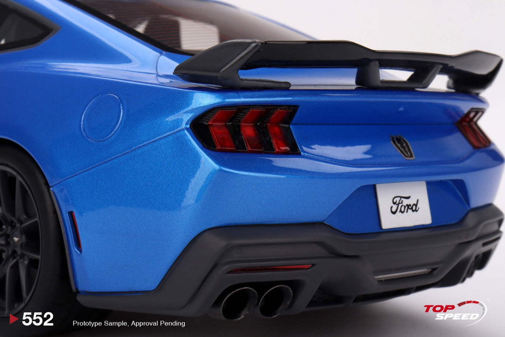 2024 Ford Mustang Dark Horse Grabber Blue Metallic with Black Hood Stripes 1/18 Model Car by Top Speed