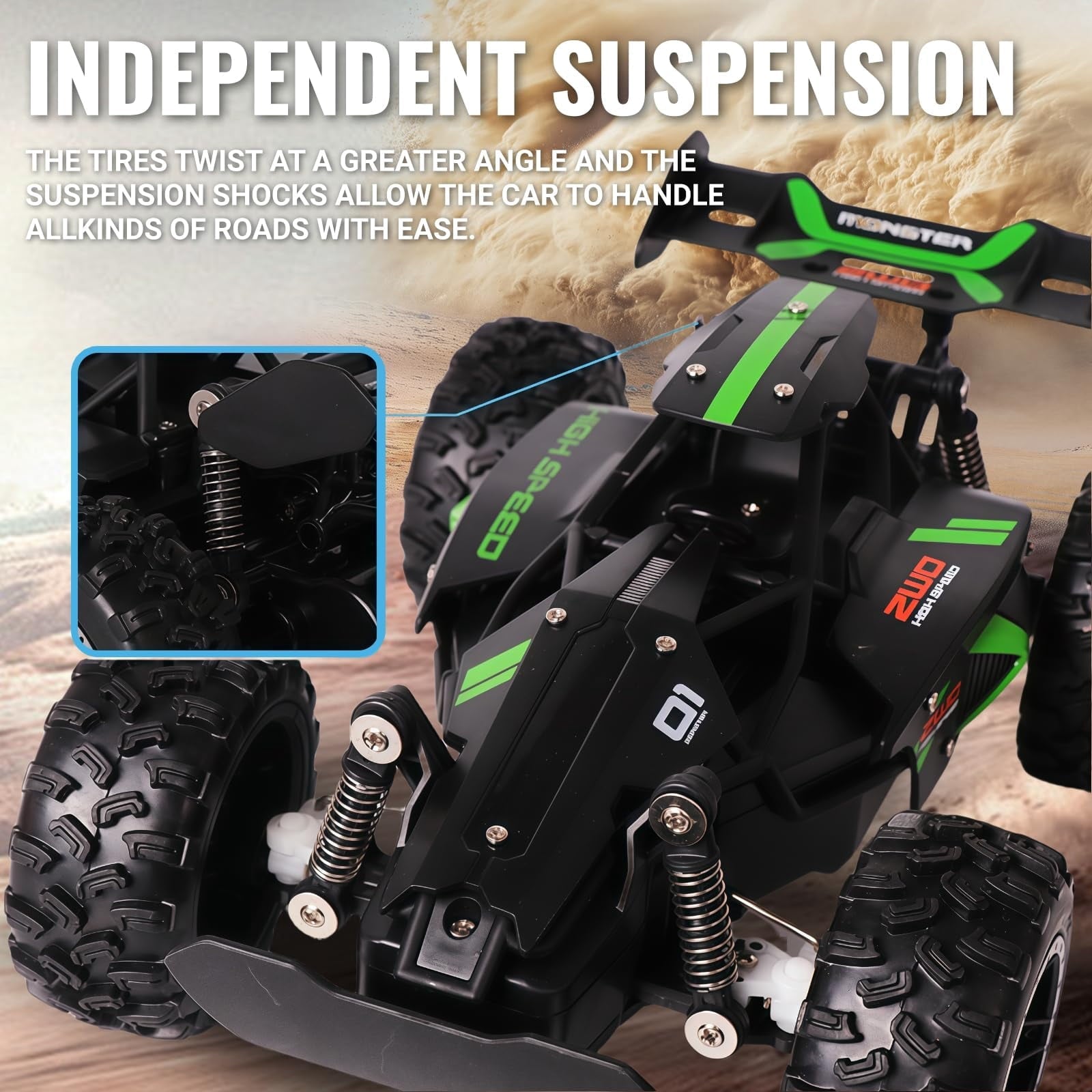 1:18 Scale Remote Control Car, 2.4GHz High Speed RC Monster Truck, Off-Road All-Terrain Toy Buggy with Rechargeable Battery for Kids Ages 6+
