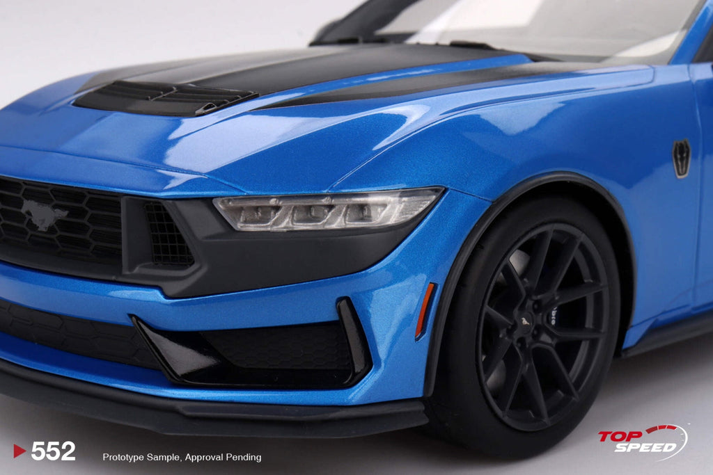 2024 Ford Mustang Dark Horse Grabber Blue Metallic with Black Hood Stripes 1/18 Model Car by Top Speed