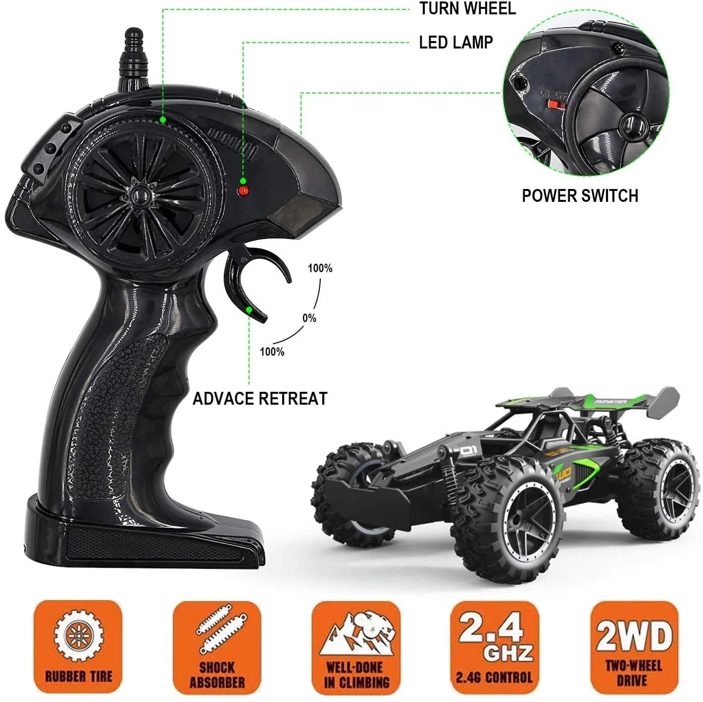 4WD Off-Road RC Car Funtogether Toys, 1:18 Scale High-Speed All-Terrain Remote Control Car for Kids Boys