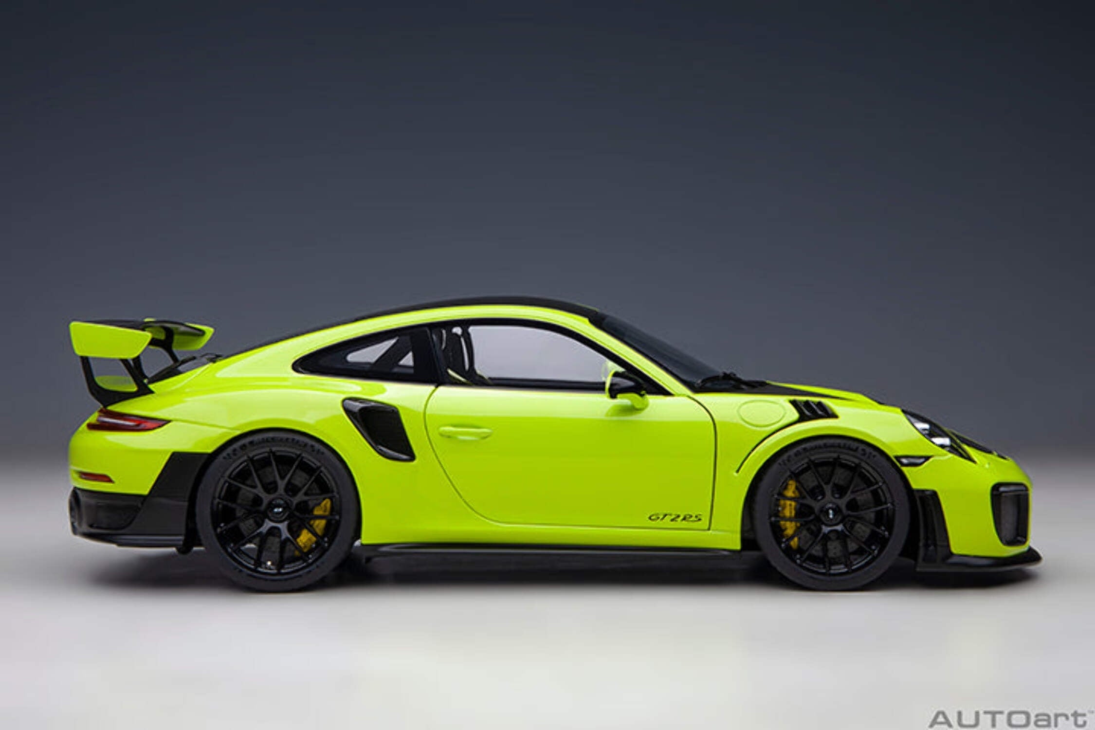 Porsche 911 (991.2) GT2 RS Weissach Package Acid Green with Carbon Stripes 1/18 Model Car by Autoart