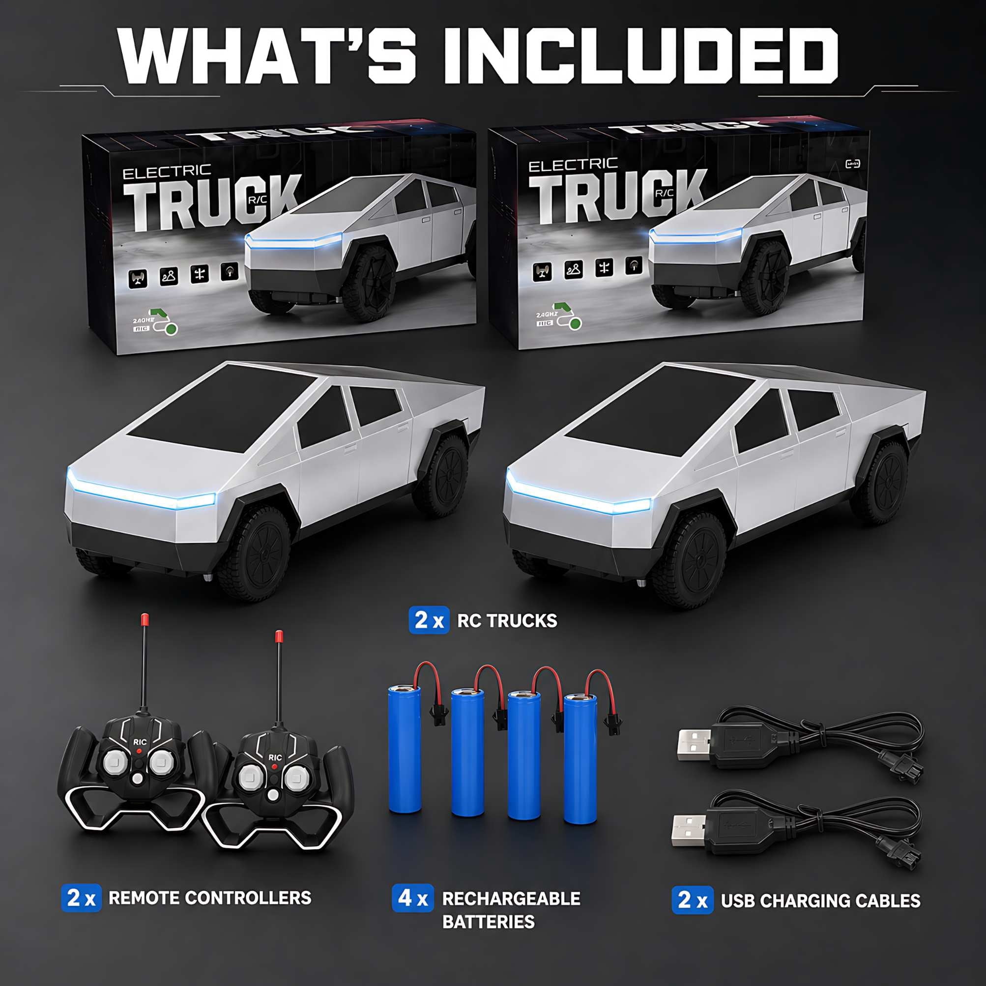 Cybertruck Remote Control Car 1:24 Scale RC Truck with LED Lights and Dual Rechargeable Batteries, Silver Electric Vehicle for Kids