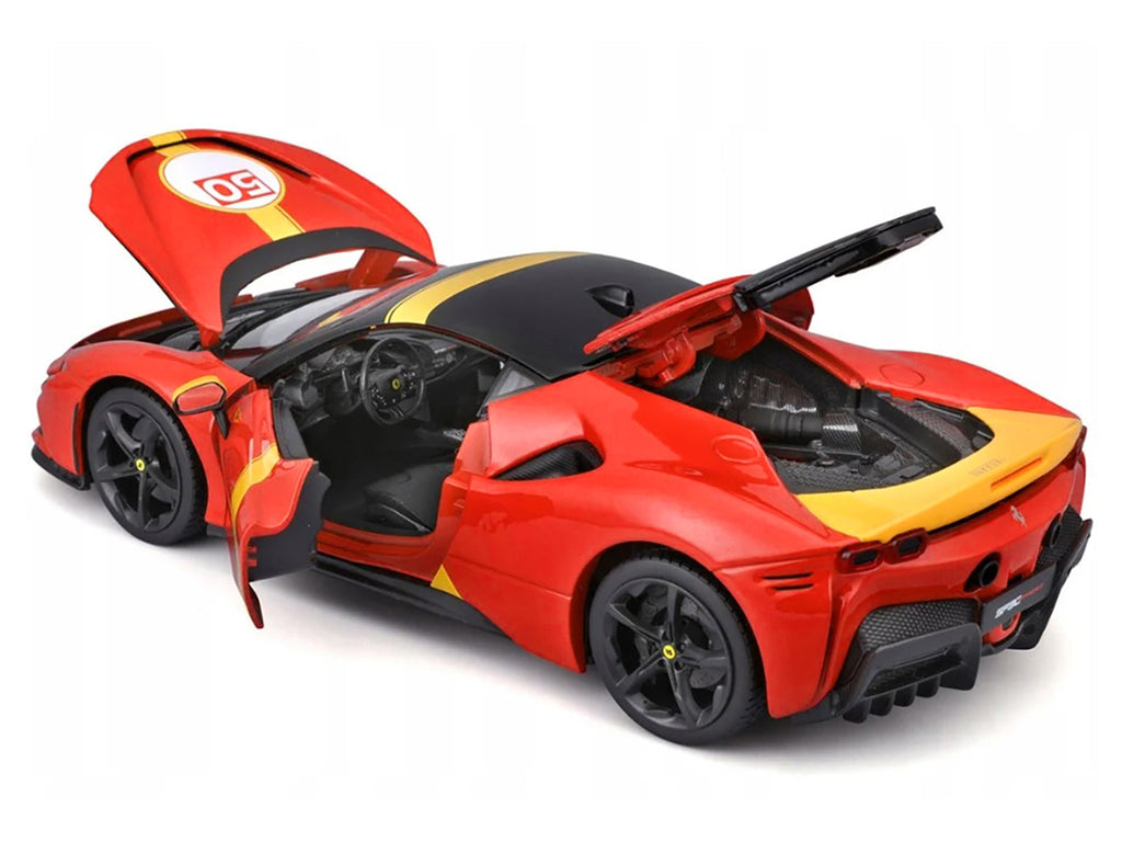 Ferrari SF90 Stradale Assetto Fiorano #50 Red with Black Top and Yellow "Race + Play" Series 1/18 Diecast Model Car by Bburago