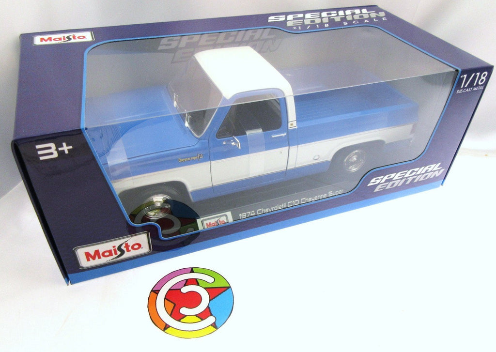 1974 Chevrolet C10 Cheyenne Super Pickup Truck Blue and White "Special Edition" Series 1/18 Diecast Model Car by Maisto