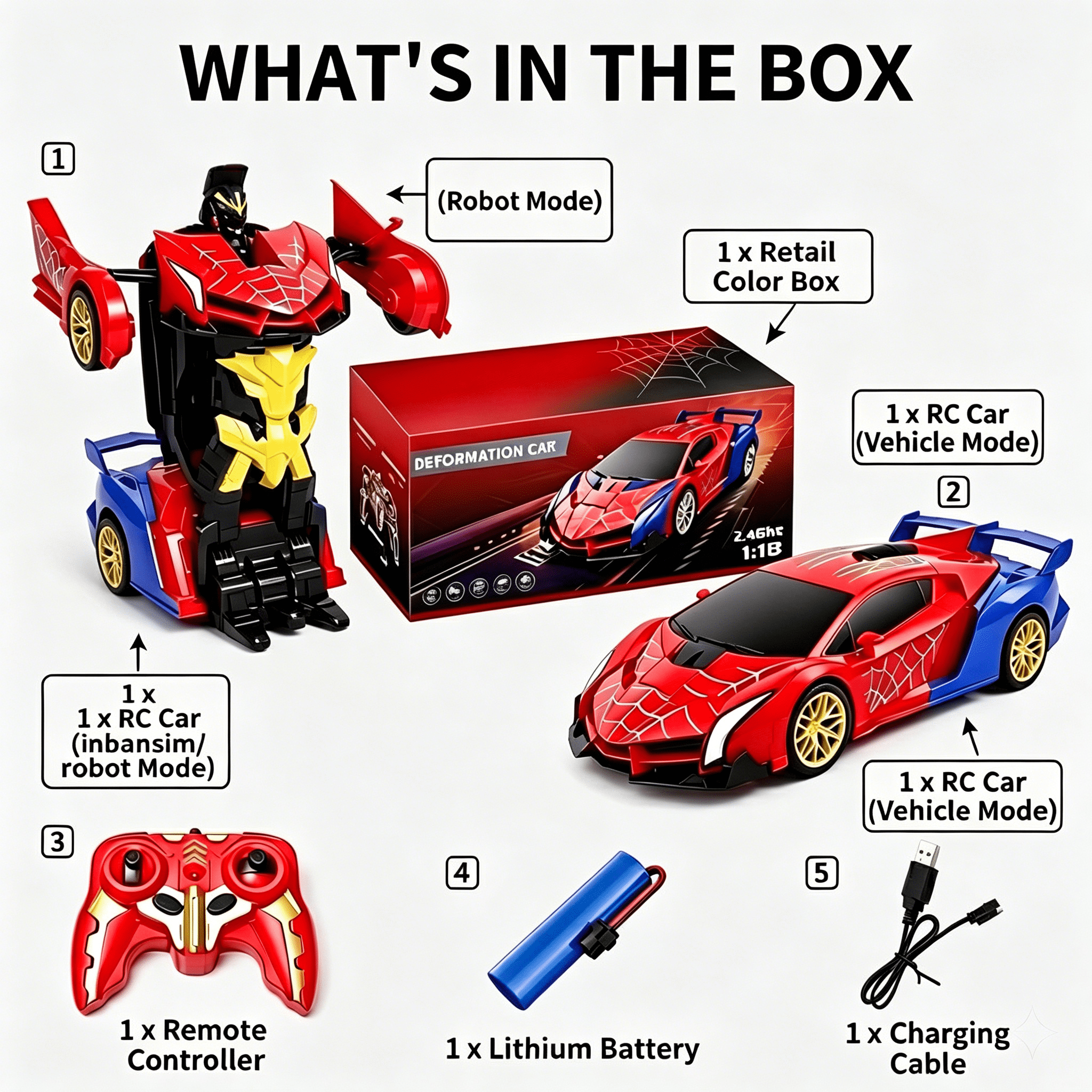1:18 Spider RC Car Transforming Robot with 2.4GHz Remote Control, Stunt 360° Rotation and LED Lights for Boys 3-12