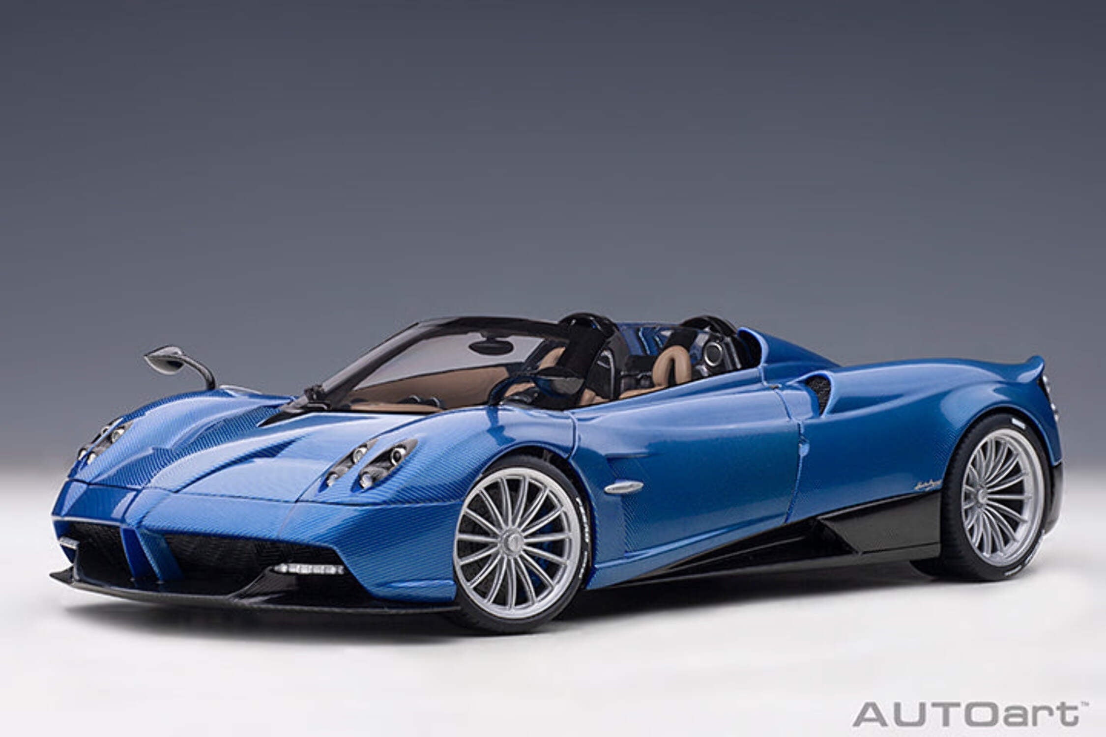 Pagani Huayra Roadster Blue Tricolore Carbon Fiber with Black Top with Luggage Set 1/18 Scale Model Car by Autoart