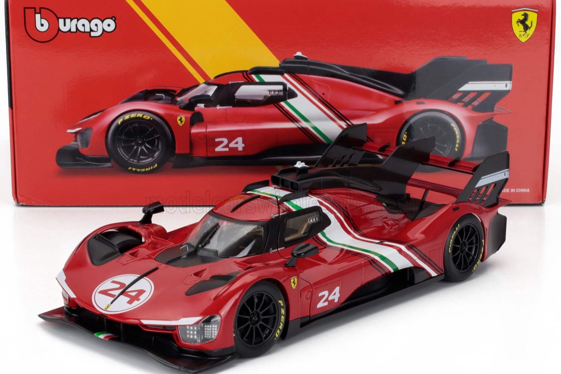 Bburago 2024 Ferrari 499P 3.0L Turbo V6 No 24 Modificata 2024 - Red Yellow Black 1:18