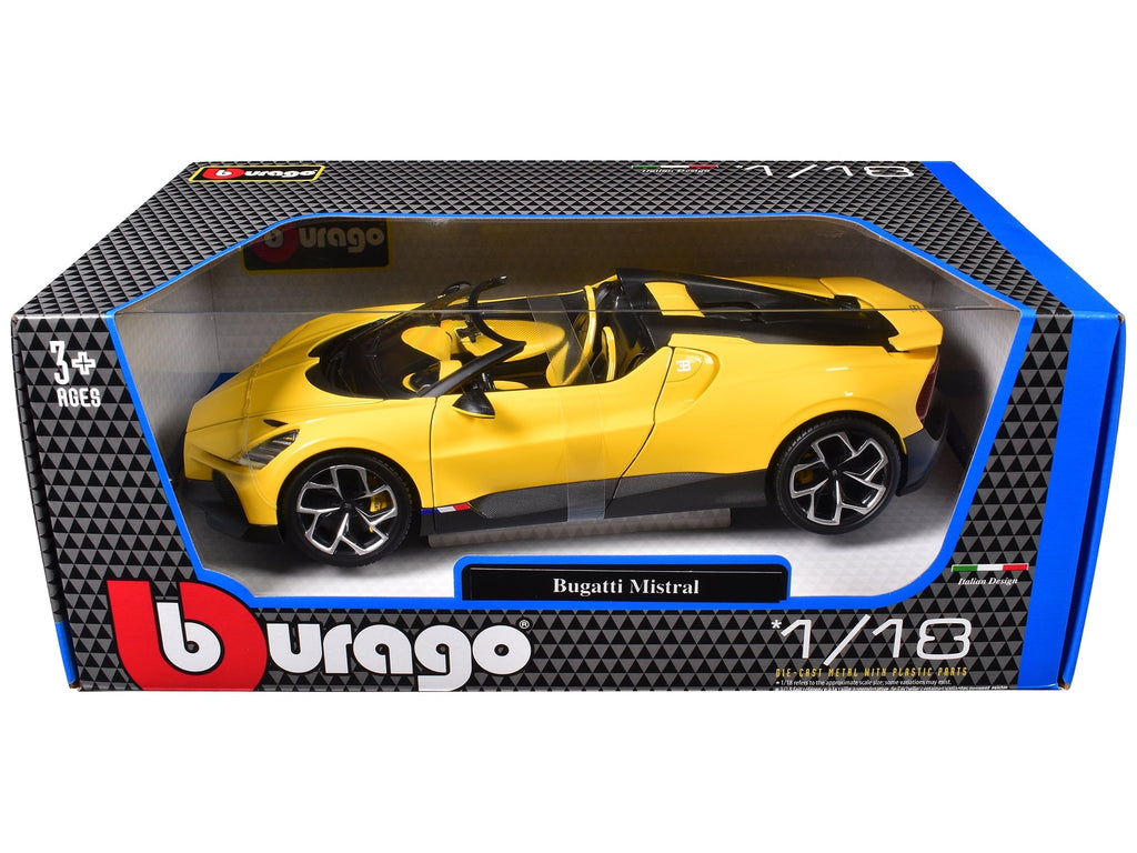 Bugatti Mistral Yellow with Carbon Accents 1/18 Die Cast Model Car by Bburago