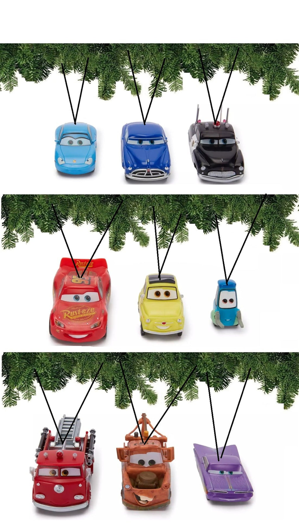 Cars Lightning McQueen, Tow Mater, Sally, Ramone, Red, Sheriff, Doc, Luigi & Guido 9-Piece PVC Ornament Set