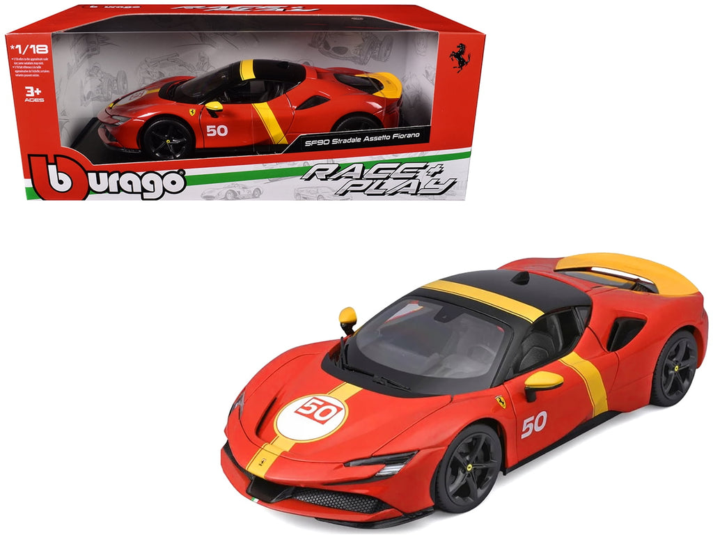 Ferrari SF90 Stradale Assetto Fiorano #50 Red with Black Top and Yellow "Race + Play" Series 1/18 Diecast Model Car by Bburago