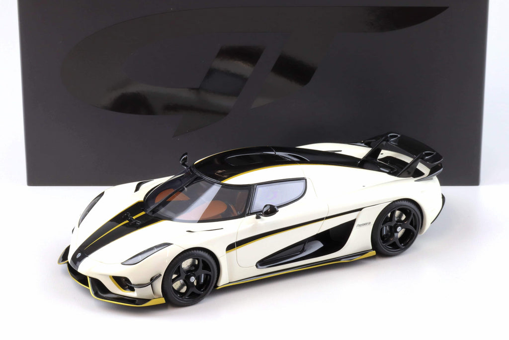 2023 Koenigsegg Regera White with Black Stripes 1/18 Model Car by GT Spirit