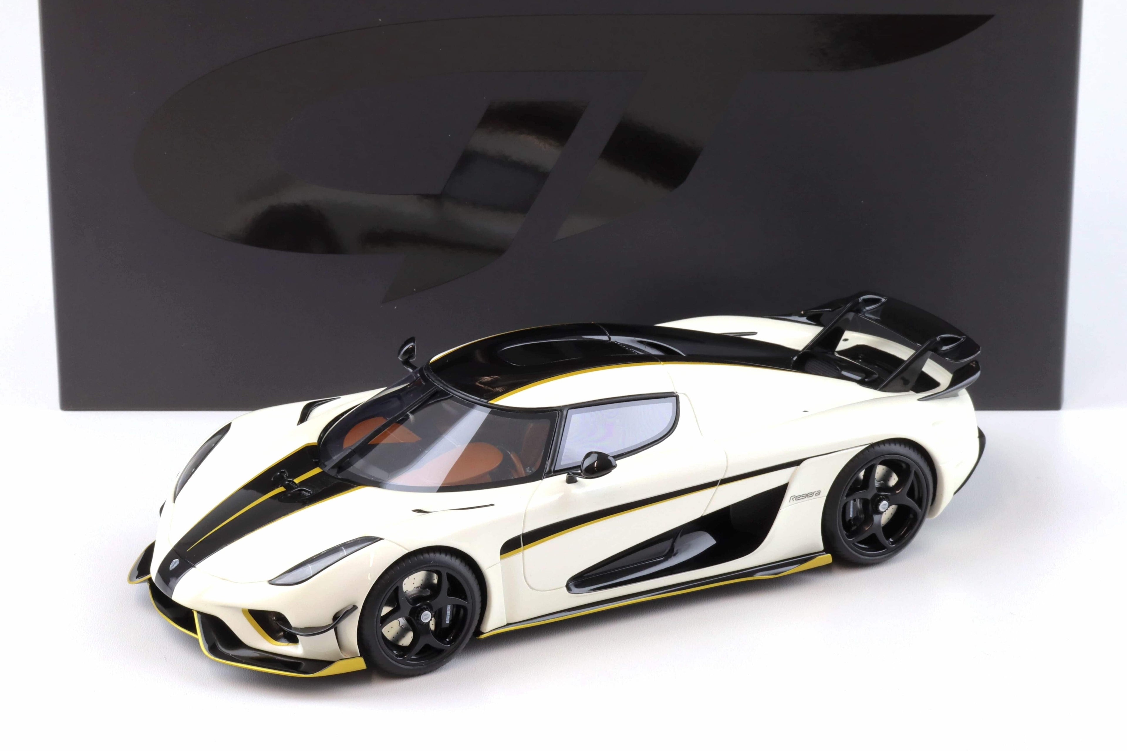 2023 Koenigsegg Regera White with Black Stripes 1/18 Model Car by GT Spirit