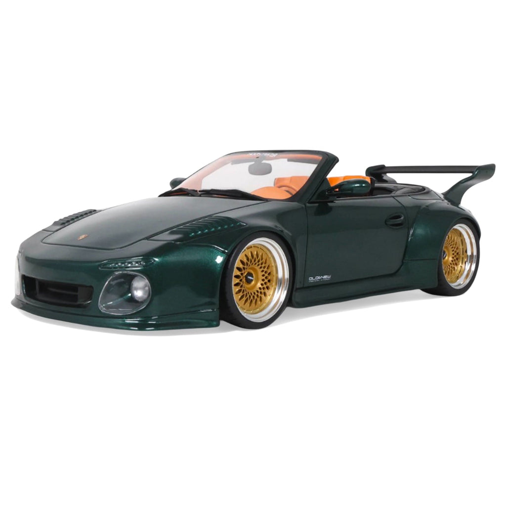 2024 Porsche 911 (997) Old & New Tokyo Auto Salon Cabriolet Dark Green Metallic with Orange Interior 1/18 Model Car by GT Spirit