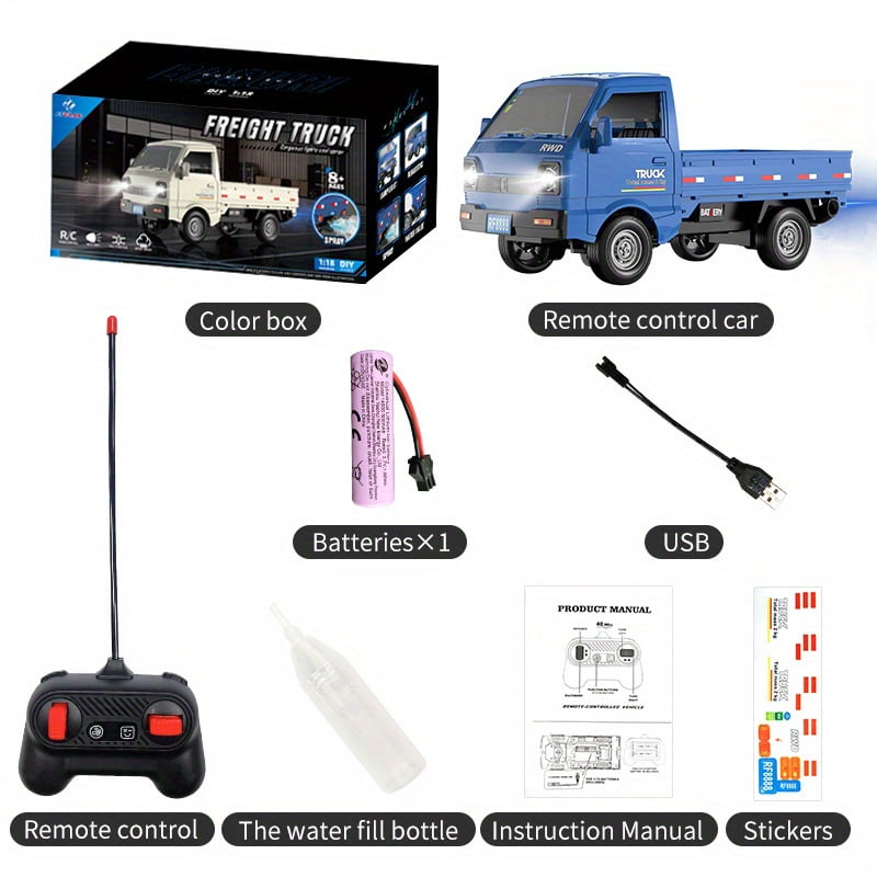 KF31 1:18 Spray Drift Pickup Truck 360° Rotating Stunts Spray Blooming LED Lighting 2.4G Anti-interference Powerful Motor DIY Creative Stickers for Free Placement One-button Demonstration Super Conve
