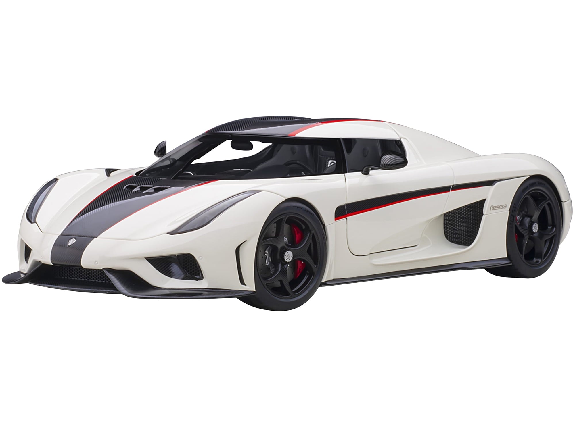 Koenigsegg Regera White with Black Carbon and Red Stripes 1/18 Model Car by Autoart