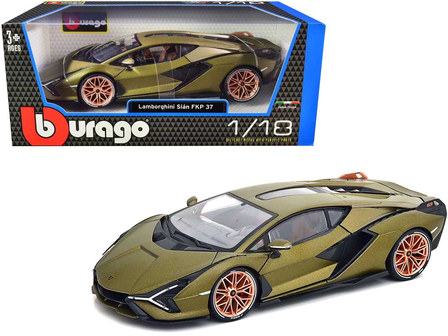 Lamborghini Sian FKP 37 Matt Green Metallic with Copper Wheels 1/18 Diecast Model Car by Bburago