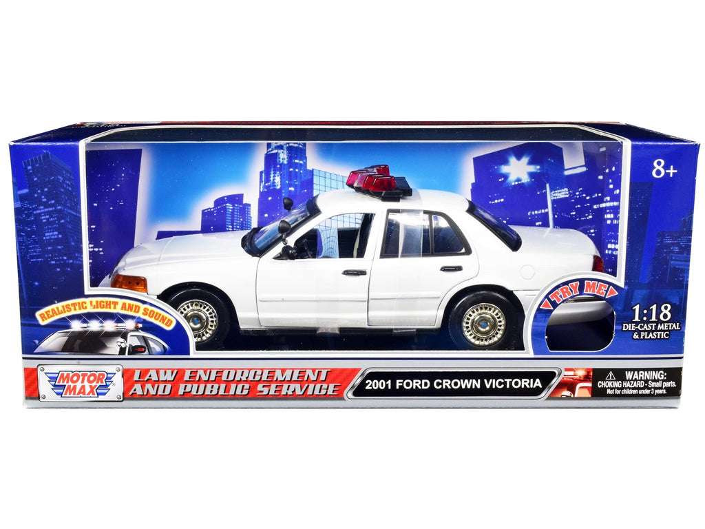 2001 Ford Crown Victoria Police Car Plain White w/ Flashing Light Bar, Front & Rear Lights & Sounds 1/18 by Motormax