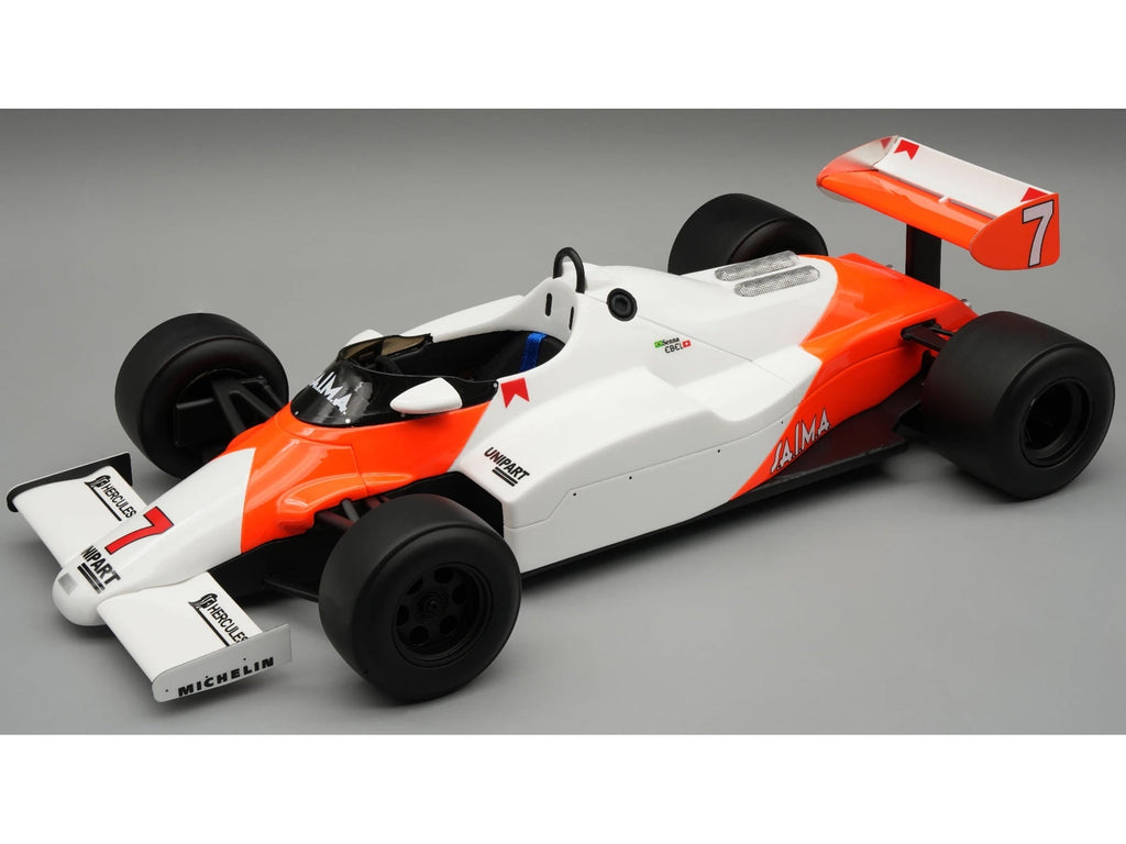 McLaren MP4/1C #7 Ayrton Senna F1 "British GP Test Drive" (1983) with Display Case "Mythos Series" 1/18 Model Car by Tecnomodel
