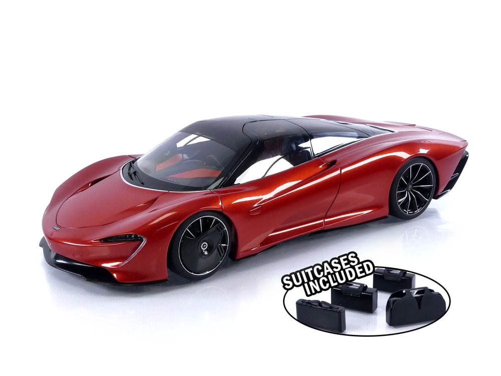 McLaren Speedtail Volcano Orange Metallic with Black Top and Suitcase Accessories 1/18 Model Car by Autoart