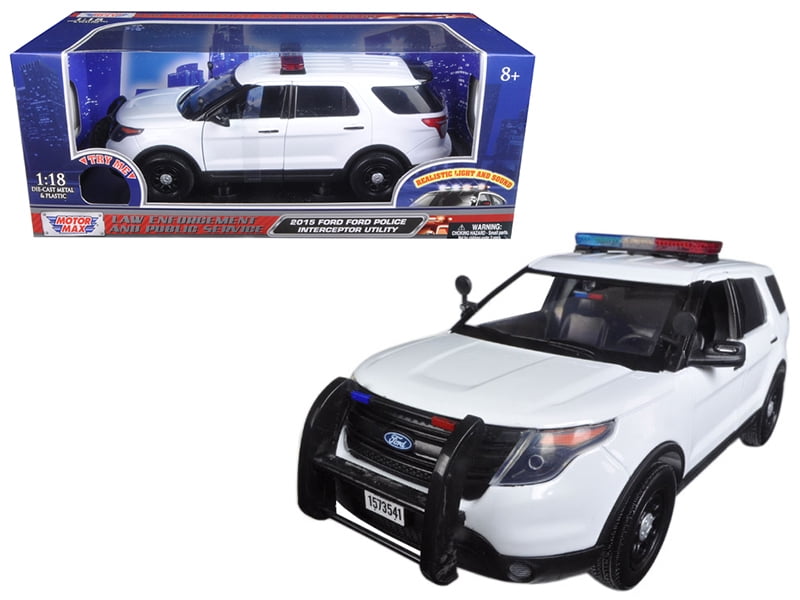 2015 Ford Police Interceptor Utility White w/Flashing Light Bar, Front,Rear Lights, 2 Sounds 1/18 Diecast Model Motormax