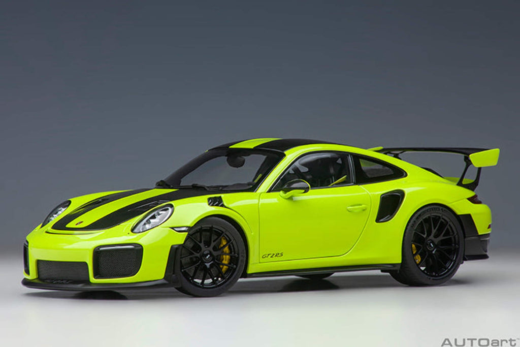 Porsche 911 (991.2) GT2 RS Weissach Package Acid Green with Carbon Stripes 1/18 Model Car by Autoart