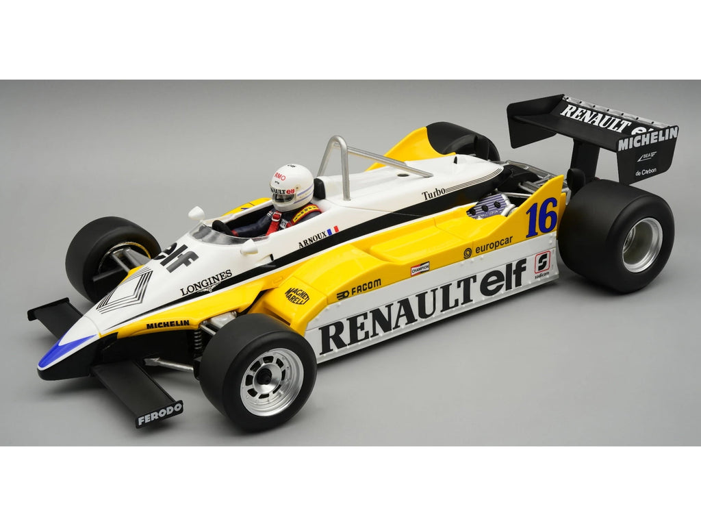 Renault RE30B #16 Winner F1 "Italian GP" (1982) "Mythos Series" with Driver Figure and Display Case 1/18 Model Car by Tecnomodel