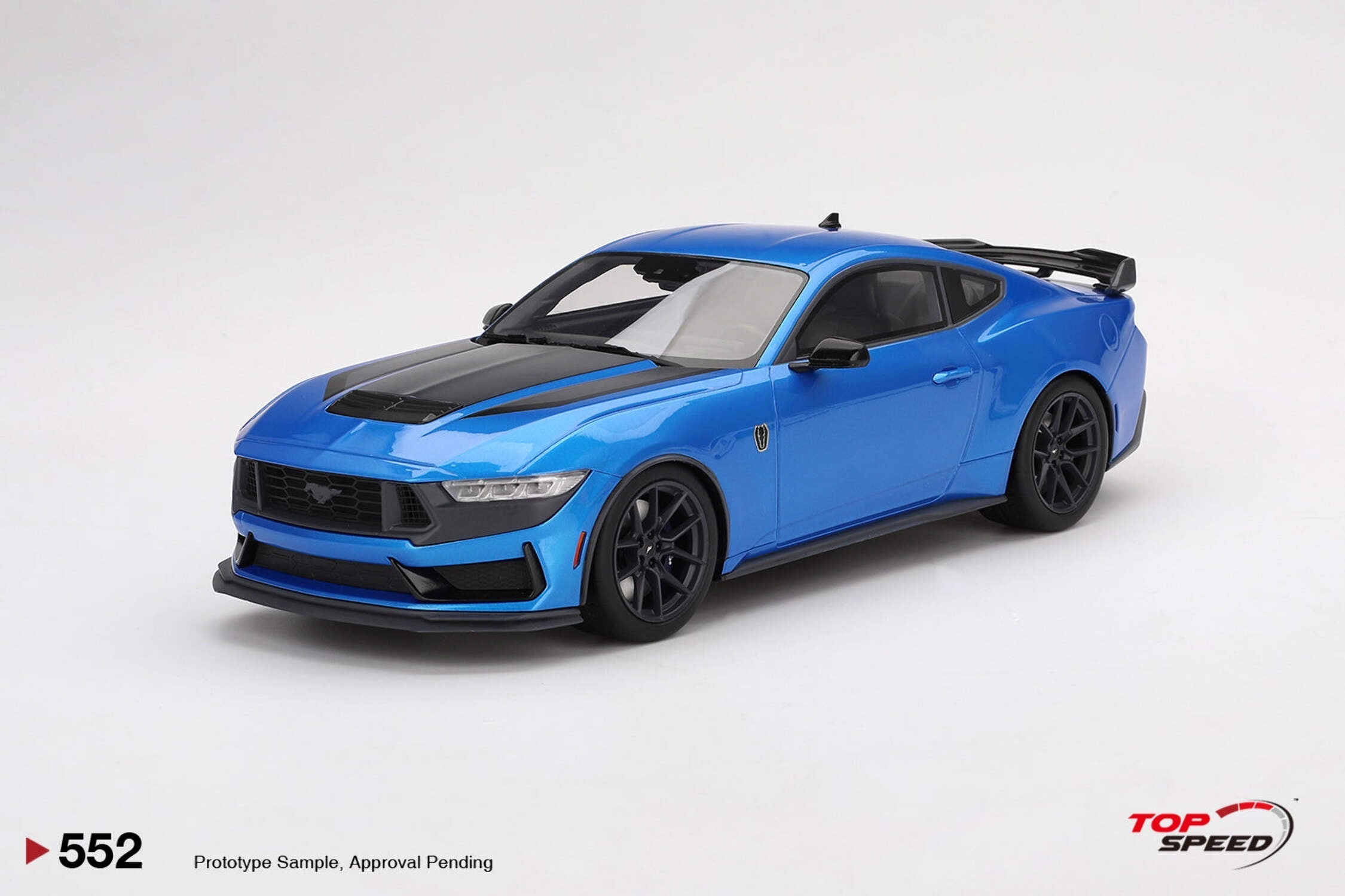 2024 Ford Mustang Dark Horse Grabber Blue Metallic with Black Hood Stripes 1/18 Model Car by Top Speed