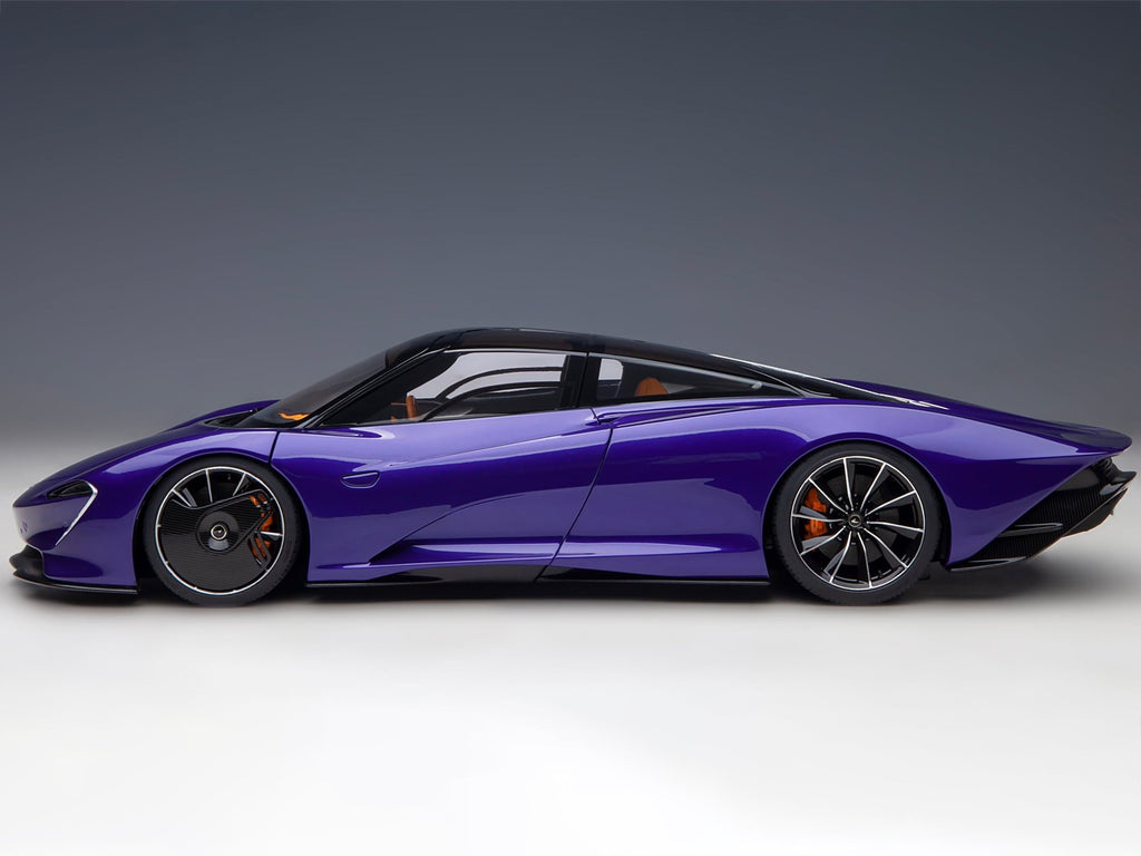 McLaren Speedtail Lantana Purple Metallic with Black Top and Yellow Interior and Suitcase Accessories 1/18 Model Car by Autoart