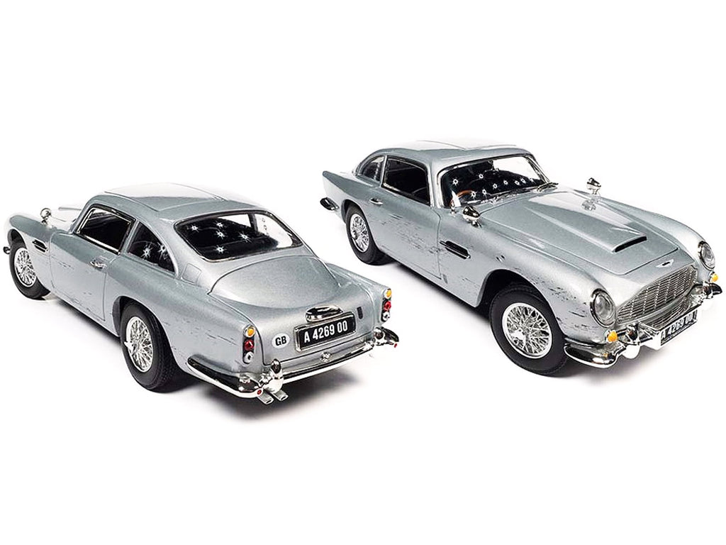 Aston Martin DB5 Coupe RHD (Right Hand Drive) Silver Birch Metallic (Damaged Version) James Bond 007 No Time to Die (2021) Movie Silver Screen Machines Series 1/18 Diecast Model Car by Auto World