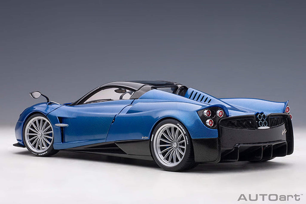 Pagani Huayra Roadster Blue Tricolore Carbon Fiber with Black Top with Luggage Set 1/18 Scale Model Car by Autoart