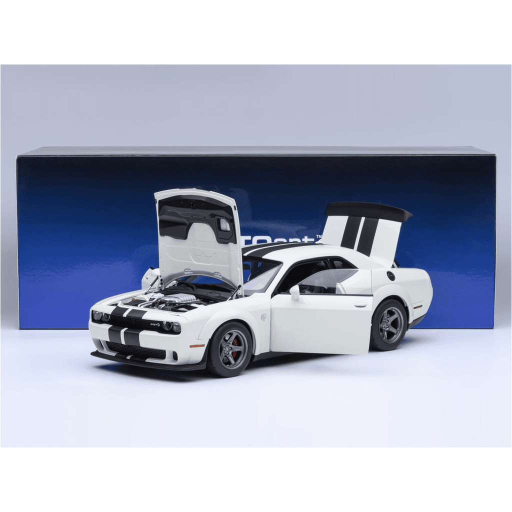 2023 Dodge Challenger SRT Super Stock Knuckle White with Carbon Stripes 1/18 Model Car by Autoart