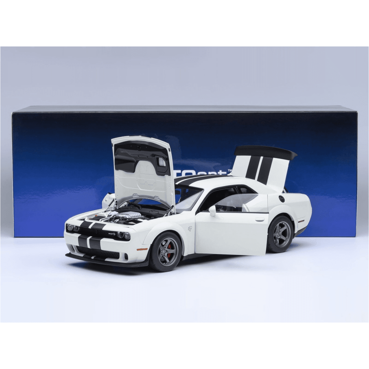 2023 Dodge Challenger SRT Super Stock Knuckle White with Carbon Stripes 1/18 Model Car by Autoart