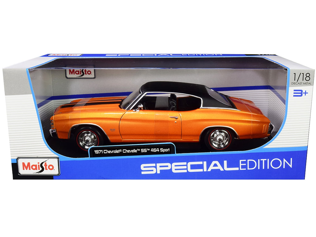 1971 Chevrolet Chevelle SS 454 Sport Orange Metallic with Black Top and Black Stripes 1/18 Diecast Model Car by Maisto
