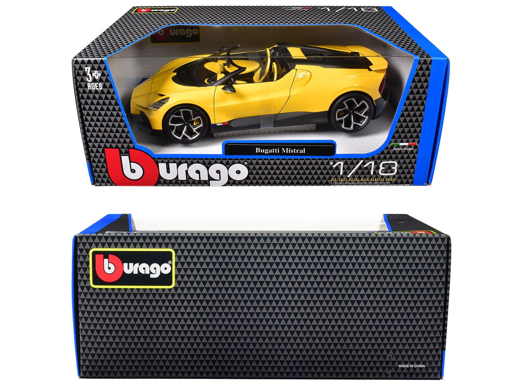 Bugatti Mistral Yellow with Carbon Accents 1/18 Die Cast Model Car by Bburago