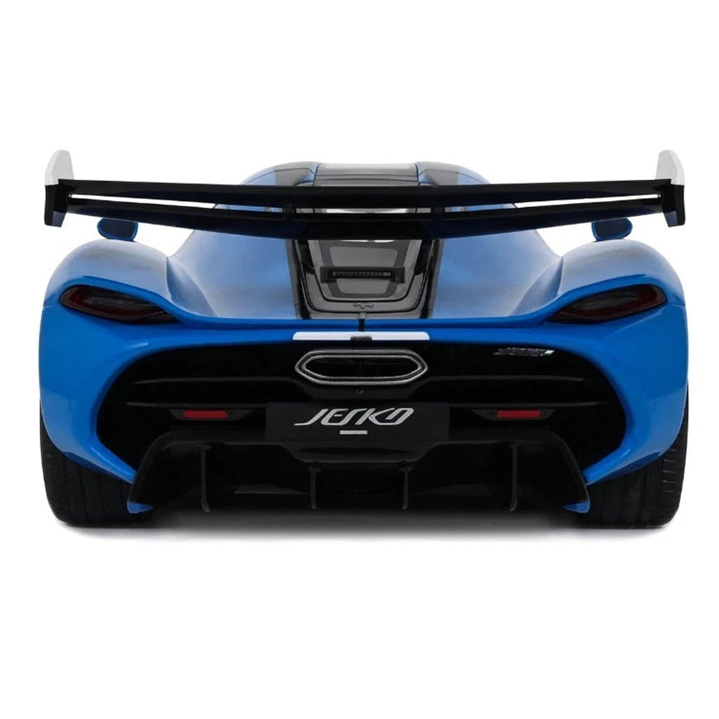 2025 Koenigsegg Jesko Blue Metallic with Black Stripes 1/18 Model Car by GT Spirit
