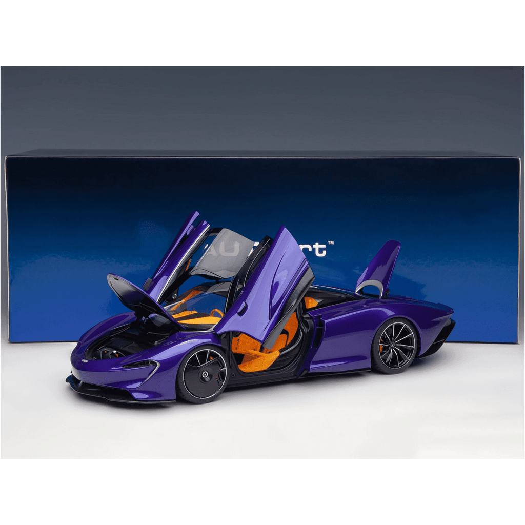 McLaren Speedtail Lantana Purple Metallic with Black Top and Yellow Interior and Suitcase Accessories 1/18 Model Car by Autoart