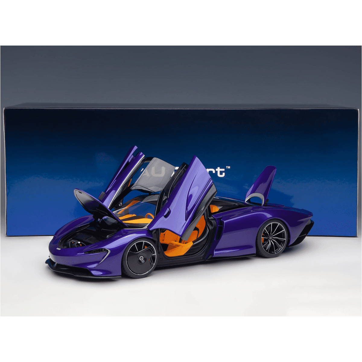 McLaren Speedtail Lantana Purple Metallic with Black Top and Yellow Interior and Suitcase Accessories 1/18 Model Car by Autoart