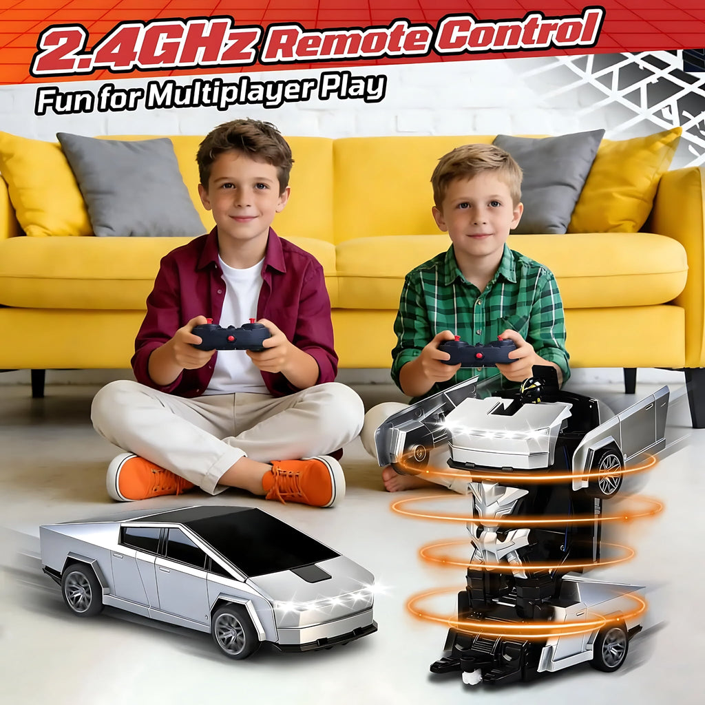 Cyber Truck Pickup Transforming Remote Control Car for Kids, 2.4GHz RC Robot Toy for Boys Age 4-12 with One-Button Deformation and LED Lights